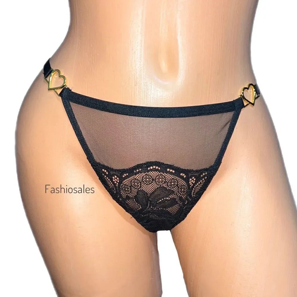 Victorias Secret Sexy Gold Heartware Lace & Mesh Thong Panty Black Large